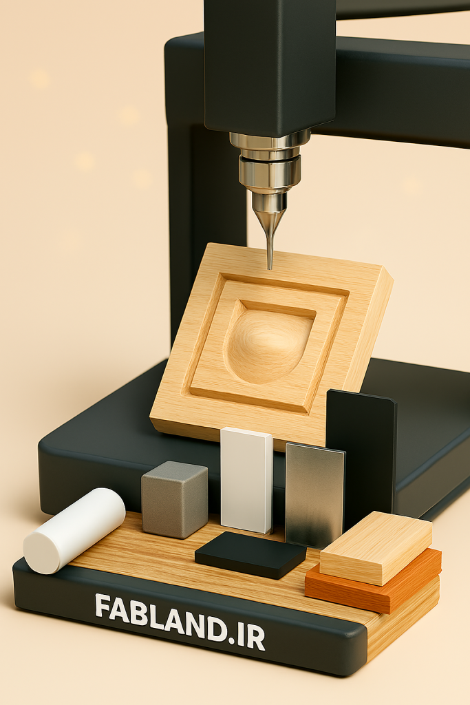 دستگاه CNC رو در حال برش روی متریال چوب طبیعی همراه با نمونههایی از متریالهای قابل پردازش